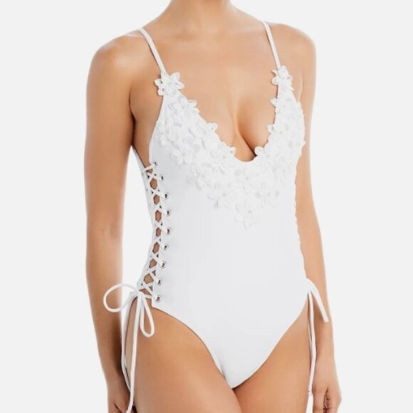NWT! Capittana White Applique Floral Lace Up Sided One Piece Swimsuit NEW! - Picture 1 of 6